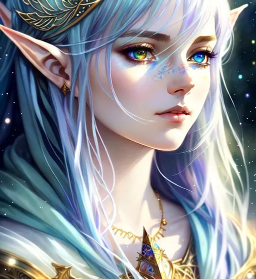 Prompt: ((art by Agnes Cecile)), upper body, fantasy theme, (young female elf mage), (((clear skin))), Heterochromia iridum, (((beautiful intricate detailed face and eyes))), (muted colors), heavy outlines, Surreal, intricate wizard clothes, UHD, 8K, high fantasy, ultra realistic