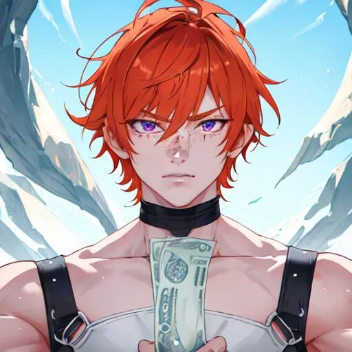 Prompt: Erikku male (short ginger hair, freckles, right eye blue left eye purple) muscular, UHD, 8K, Highly detailed, insane detail, best quality, high quality.  holding dollar bills, wearing clothes