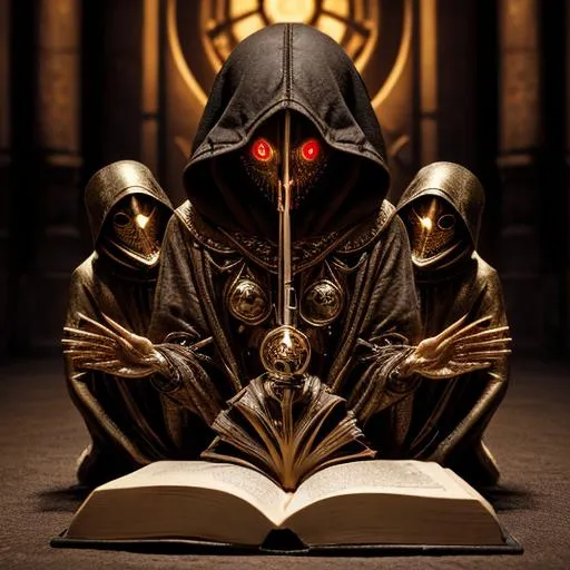 Prompt: Hooded clockwork adepts worshipping a strange book on an altar