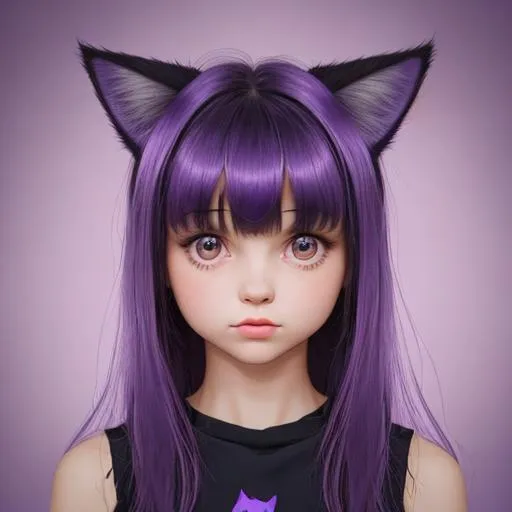 Prompt: A girl with bangs with a cute little cat with purple neon background 