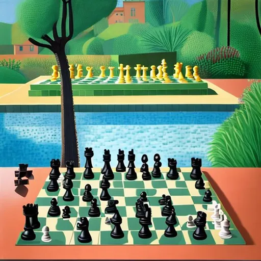 Prompt: Ducks playing chess in style of david hockney