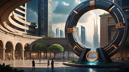 Prompt: magical portal between cities realms worlds kingdoms, circular portal, ring standing on edge, upright ring, freestanding ring, hieroglyphs on ring, complete ring, ancient roman architecture, gardens, hotels, office buildings, shopping malls, large wide-open city plaza, turned sideways view, futuristic cyberpunk tech-noir setting