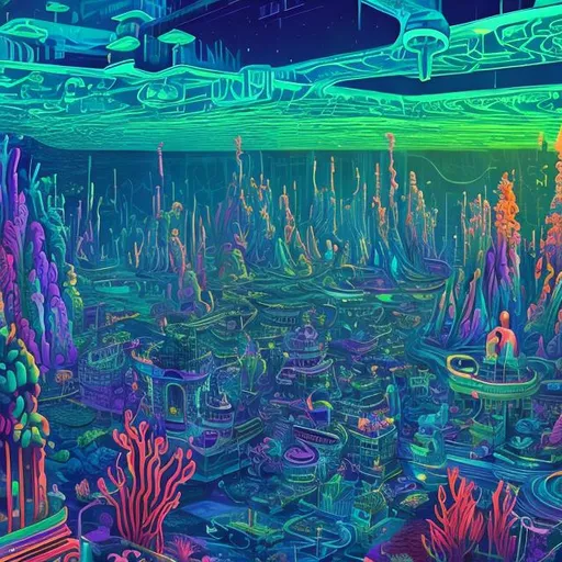 Prompt: neon psychedelic underwater city