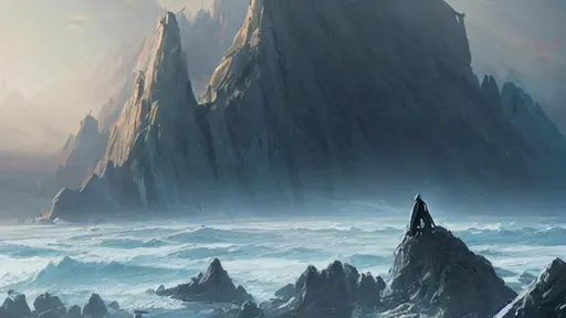 Prompt: fantasy concept art by greg rutkowski, hooded figure in the  foreground looks out over an expansive sea from a high cliff, rugged in the background, sea creature surfaces in the sea, gestural oil painting style, blue glowing floating sky islands, cinematographic morning light, artstation hq, 