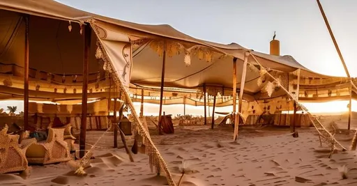 Prompt: In the heart of the vast desert, amidst rolling dunes and scattered palm trees, stands a traditional Qatari tent, known as "bait al-sha'ar." The tent, adorned with intricate patterns, is a testament to Qatar's rich Bedouin heritage.