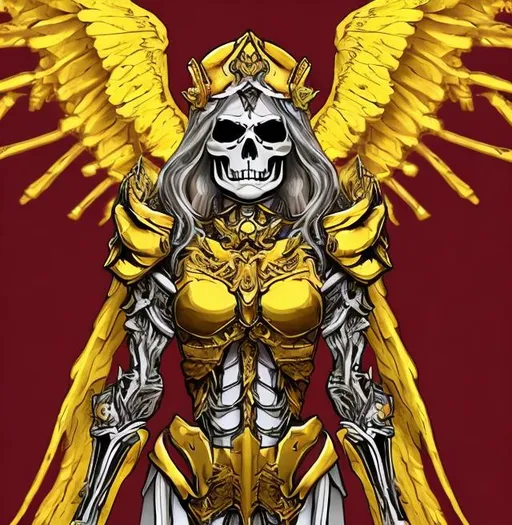 Prompt:  skeleton angel 😇 woman wear yellow and red full set armor 