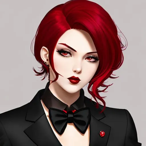 Prompt: Cherry black and red hair as mafia boss 