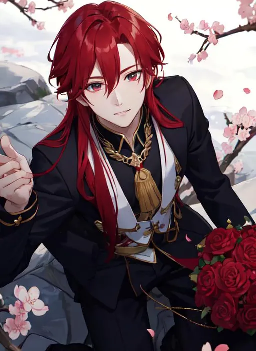 Prompt: Zerif 1male (Red side-swept hair covering his right eye) asking Haley to marry him, 8K, UHD, best quality, under the cherryblossom trees, wearing a casual outfit, red hair, on one knee proposing, holding a bouquet of flowers