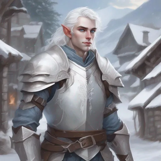 Prompt: DND a pale male elf with medium length wavy white hair and pale blue eyes wearing plate armor in a snowy village