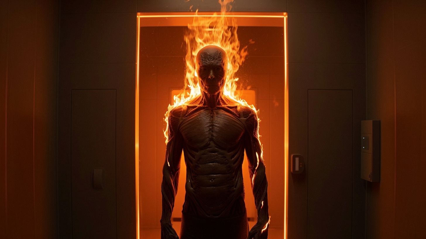 Prompt: black mirror man bursting into flames from within