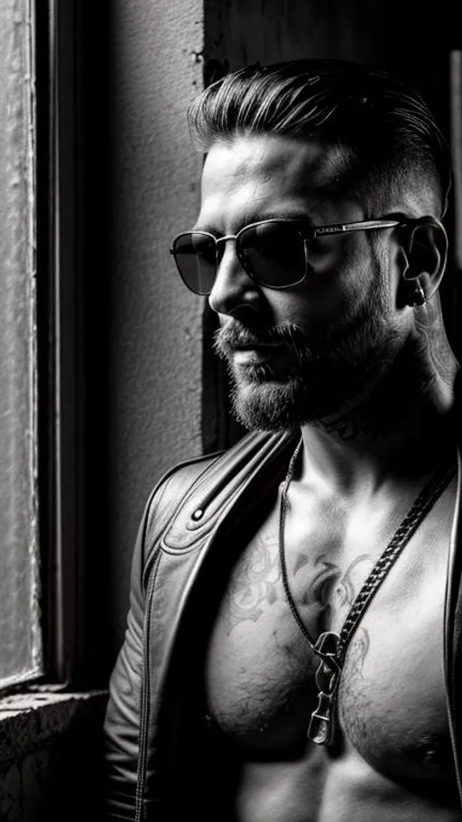Prompt: Sensual, tattooed, shirtless, rustic man from a random country, wearing sunglasses and a intricate leather harness, in an abandoned place near a window, cinematic, close-up portrait, grayscale, hyperrealistic, hyperdetailed, ambient light, perfect composition, provocative, textured skin, high contrast, profile portrait.