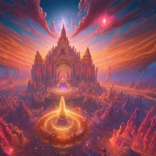 Prompt: A breath taking view of The temple of the spirit realm floating in the sunny sky surrounded by pink and gold cosmic space dust fantasy 100k realistic beautiful dream colourful 