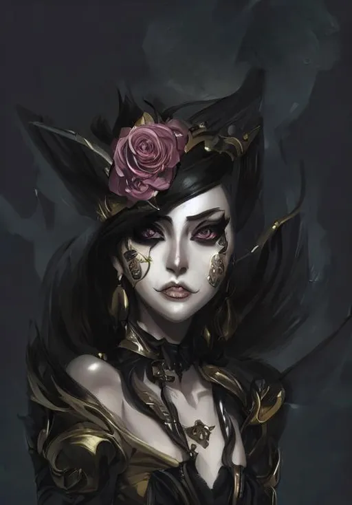 Prompt: beautiful and cool female dark magician, wide angle view, roses, skulls, black, white, gold colors, shiny, highly detailed, artgerm, cushart krenz, artstation, soft light, sharp focus, illustration, character design, concept art