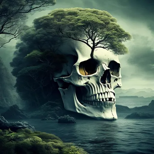 Prompt: iland inspired from the skull in the sea with many trees. Skull. Iland. Trees. Sea