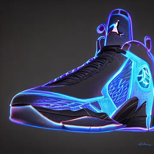Prompt: 3D render lateral view of Air Jordan Retro 14 concept streetball , in pitch black ,inlaid with indigo neon cells. The laces and shoe has red glow inside , with 3d render from a video game.