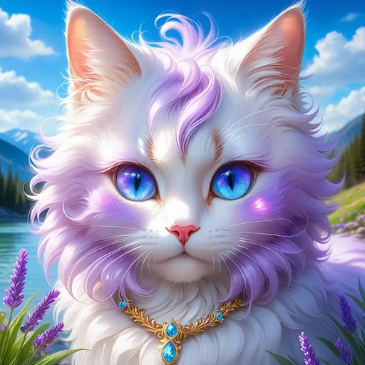 Prompt: warrior cat with {shiny lavender fur} and {crystal blue eyes}, young she-cat, gorgeous anime portrait, brautiful cartoon, beautiful 8k eyes, elegant {colorful lavender fur}, fine oil painting, modest, gazing at viewer, worm's eye view, frosted flowers, zoomed out view of character, wears a bracelet, 64k, hyper detailed, expressive, timid, graceful, beautiful, expansive silky mane, golden ratio, precise, perfect proportions, vibrant, tanning by a sun-bathed river, hyper detailed, complementary colors, UHD, HDR, top quality artwork, beautiful detailed background, unreal 5, artstaion, deviantart, instagram, professional, masterpiece