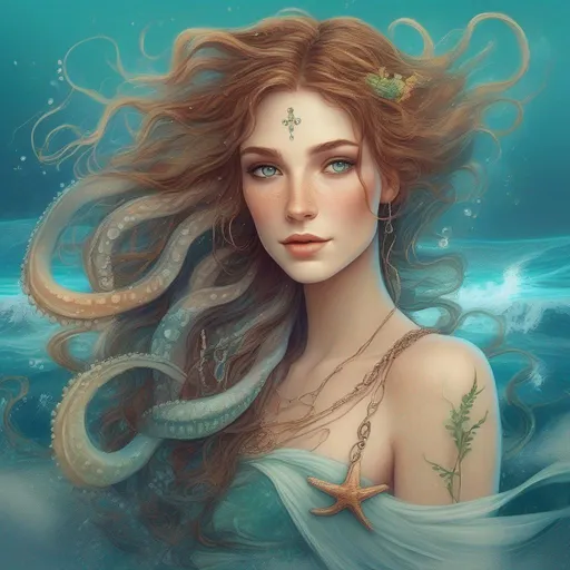 Prompt: A beautiful, enchanting and colorful and caucasian Canadian/Irish/French with light freckles woman (a greek goddess of the sea) with magical tentacles for hair, some gentle scales and jewelry in the style of the sea, starfish and seaweed staring confidently profile picture