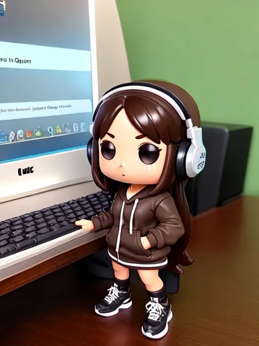 Prompt: cute funko pop female figure, below shoulder length wavy dark brown hair, brown eyes, holding a keyboard, wearing a headset, wearing a full black hoodie