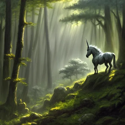 Prompt: dnd art, grey unicorn in dense forest, looking down perspective, impressionist