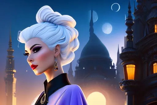 Prompt: head-on, surreal cartoon, high fashionista walking toward viewer, Stunning, glossy portrait of a stunning woman with lavender white hair pulled back into a bun, she is dressed like a summer monarch, metallic black fabric fabric, dramatic jewelry, dramatic necklace with a tiny dagger that looks real, background is architecture lit by the moon,  trending on artstation