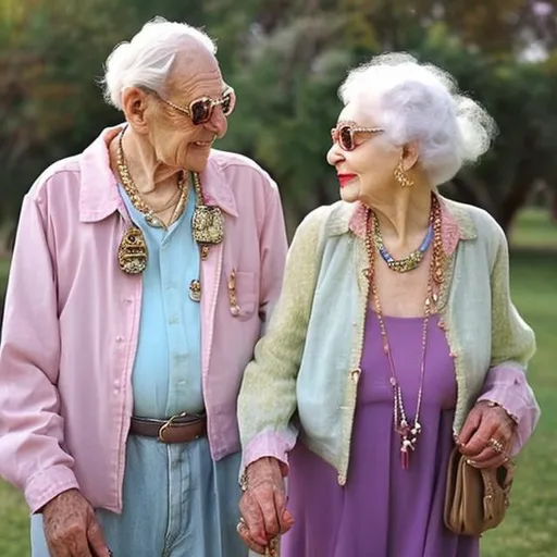 Prompt: In love Old couple with jewelry and pastel clothes. 