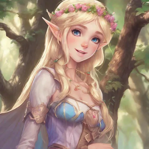 Prompt: Vivid, super detailed, full body, Full color, super attractive, young elf girl, princess, blonde hair, sweet, cute, caring, smiling