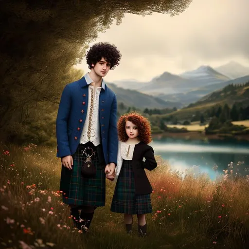 Prompt: Black curly hair young men with blue eyes, pale skin,18 age, hugging a little girl, red curly hair,clothes from 18th century, scotland landscape ,analog filter, perfect composition, hyperrealistic, super detailed, 8k, high quality, trending art, trending on artstation, sharp focus, intricate details, highly detailed