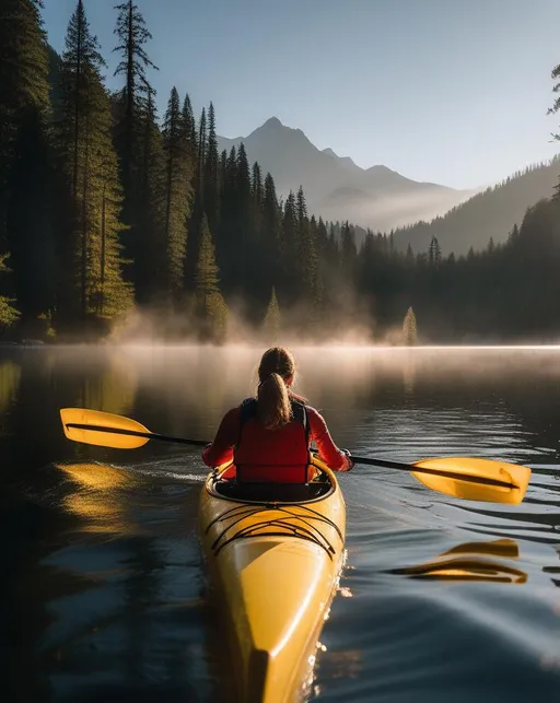 Prompt: A scenic landscape of a woman kayaking across a tranquil alpine lake surrounded by evergreen trees and mountains, illuminated by golden light. Shot from lake level with mist hovering over the water. Use a wide angle lens with a fast shutter speed on a Nikon D850. The mood is serene, adventurous, majestic.