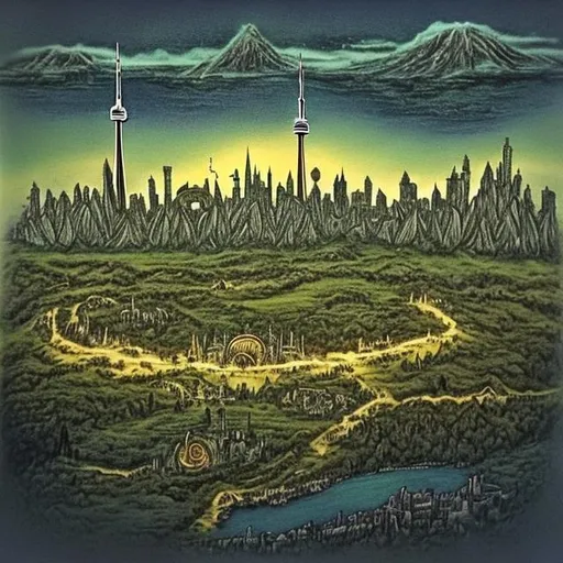 Prompt: toronto skyline in lord of the rings shire style