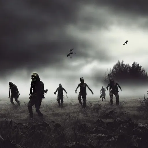 Prompt:  foggy, grey clouds, zombies, blood