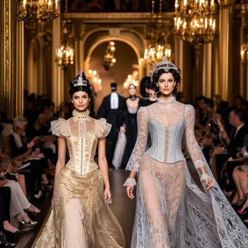 Prompt: Step into a realm of Victorian-inspired fashion, where models don exquisite dresses adorned with lace, ruffles, and corsetry. The runway's dimly lit ambiance and vintage setting evoke an aura of mystery and allure reminiscent of the Victorian era
