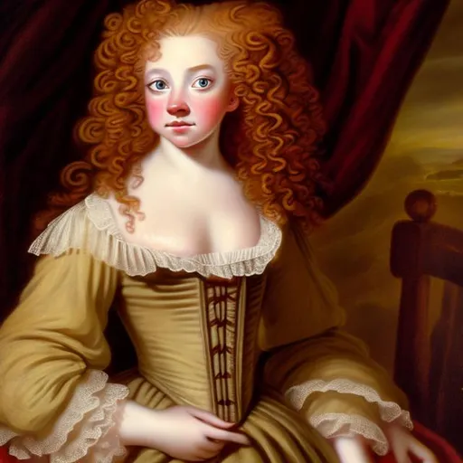 Prompt: Young woman in 18th century,red curly long hair with amber eyes, pale skin, with freckes, chubby face
Dressed with 1760 gown
 