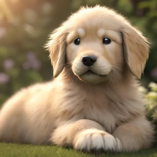Prompt: Golden retriever puppy basking in the warm sunlight, realistic 3D rendering, soft fur with golden highlights, peaceful and serene atmosphere, high quality, realistic, warm lighting, detailed eyes, adorable, outdoor setting, sunny day, playful expression, realistic fur texture, peaceful ambiance, golden tones
