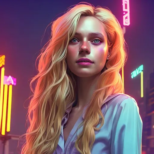 Prompt: handsome beautiful mid-twenties polish woman, long blonde hair,   smile, medium-tan skin, synthwave, dramatic, purple blouse, portrait, realistic details, photorealistic, 8k render, cinematic lighting,  ultra detailed