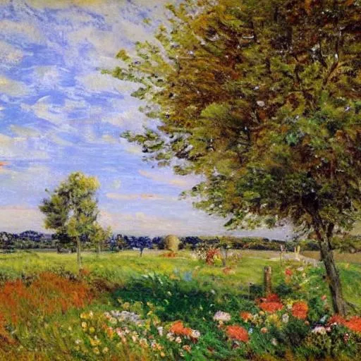 Prompt: French impressionist landscape with flowers and trees with large leaves