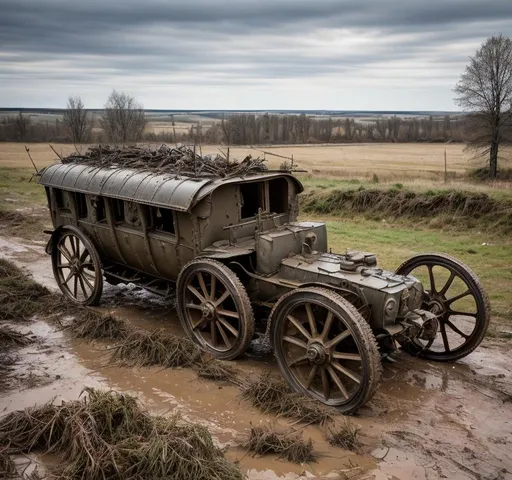 Prompt: A battered steampunk war carriage on the battlefields of ww1. barbed wire, trenches, dead soldiers and horses litter the muddy and destroyed terrain. Burned tree stumps smoilder in the background.