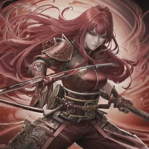 Prompt: Red-haired beautiful samurai with a katana emanating a red aura, fantasy, highly detailed red sparkling glowing eyes, intricate, wearing martial artist related clothing, highly-detailed, large landscape, mechanics, dramatic lighting, gorgeous face, lifelike, stunning, anime woman face, long luxurious red hair, digital painting, large, artstation, illustration, concept art, smooth, sharp focus, highly detailed painting, looking at viewer, portrait, photography, detailed skin, realistic, photo-realistic, 8k, highly detailed, full length frame, High detail, full body art