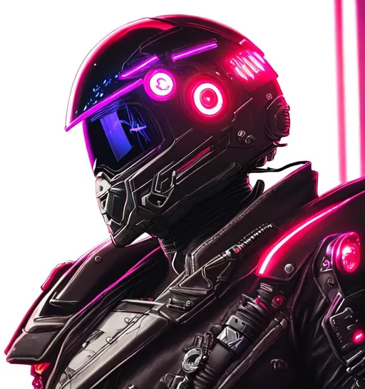 Prompt: portrait of a main character, wearing a motorcycle helmet with leds Cyberpunk, Augmented, Cybernetic, Dystopian, Synthwave, Blade Runner, Cyberpunk 2077,