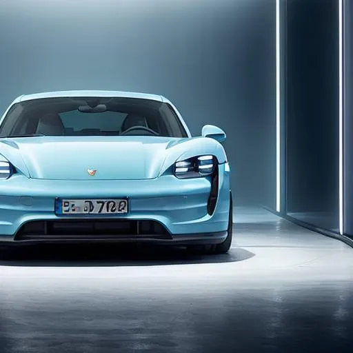 Prompt: Porsche taycan in very light blue, neon lighting in background, studio, mist in background