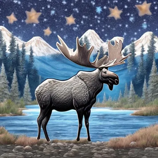 Prompt: silver moose with 100 stars in the sky and at a river