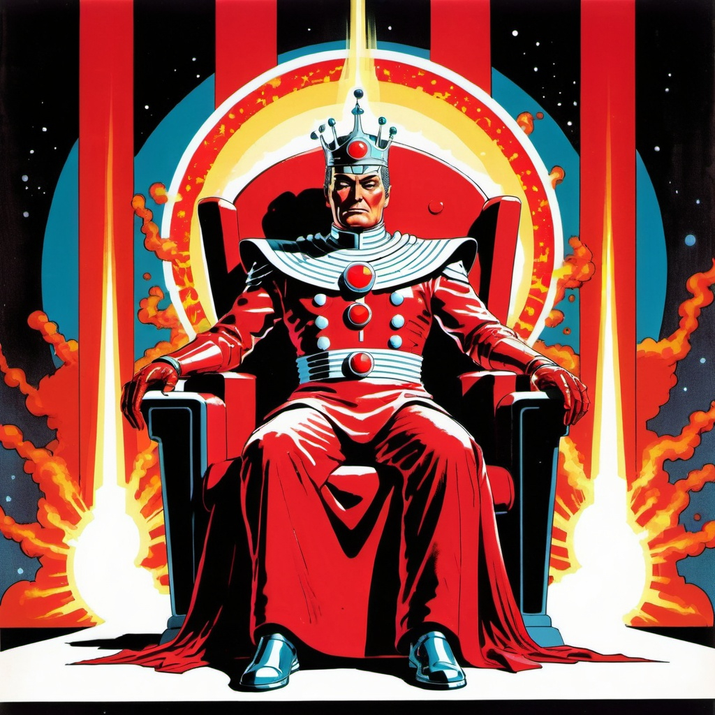 Silk screen comic book illustration A futuristic emperor dressed in red sits on his throne surround