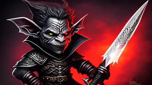 Prompt: {{{Small Male Goblin with Red eyes and pointed teeth}}}, {{Holding a black dagger}}, High Quality, Hyper Detailed, Intricate Detail, Dark Colors