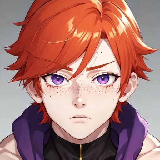 Prompt: Erikku male (short ginger hair, freckles, right eye blue left eye purple) muscular, UHD, 8K, Highly detailed, insane detail, best quality, high quality. hearts around him