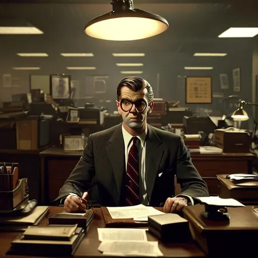 Prompt: The scene opens in a dimly lit, smoky office reminiscent of a 1970s film noir setting. Jack, dressed in a sharp, retro suit with a skinny tie, sits at a cluttered desk piled high with paperwork and a flickering desk lamp. The office's muted color palette and sepia tones evoke a sense of nostalgia and melancholy