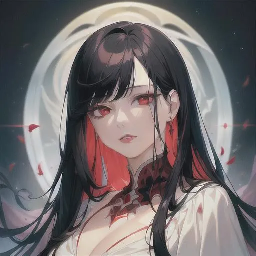 Prompt: (masterpiece, illustration, best quality:1.2), floating in a blood filled pool, trimmed black hair, red eyes  wearing (white robe), best quality face, best quality, best quality skin, best quality eyes, best quality lips, ultra-detailed eyes, ultra-detailed hair, ultra-detailed, illustration, colorful, soft glow, 1 woman, mature woman