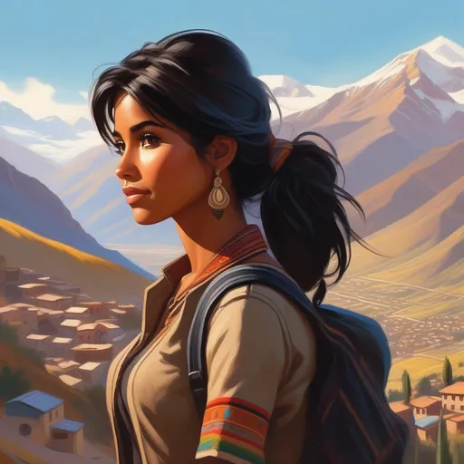 Prompt: Third person, gameplay, Bolivian girl, tan skin, black hair, brown eyes, La Paz, Andes mountains in the background, cool atmosphere, cartoony style, extremely detailed painting by Greg Rutkowski and by Henry Justice Ford and by Steve Henderson 

