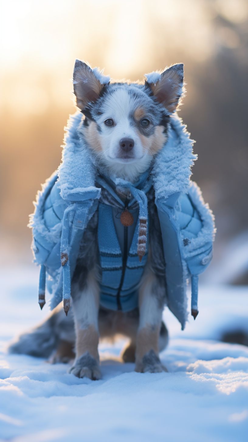 Prompt: Bluey the cattle dog, walking on two feet like a human, dressed as Tartaglia from Genshin Impact with a bow made of ice, in a dynamic but adorable pose --v 5.2 --ar 9:16