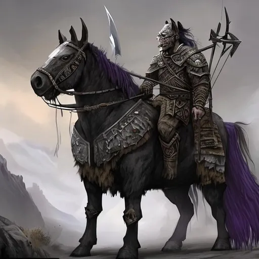 Prompt: an orc horse-archer dressed in attire similar to the khazars or cumanians. the horse is huge, with a sleek black coat. the orc and the horse have purple eyes
