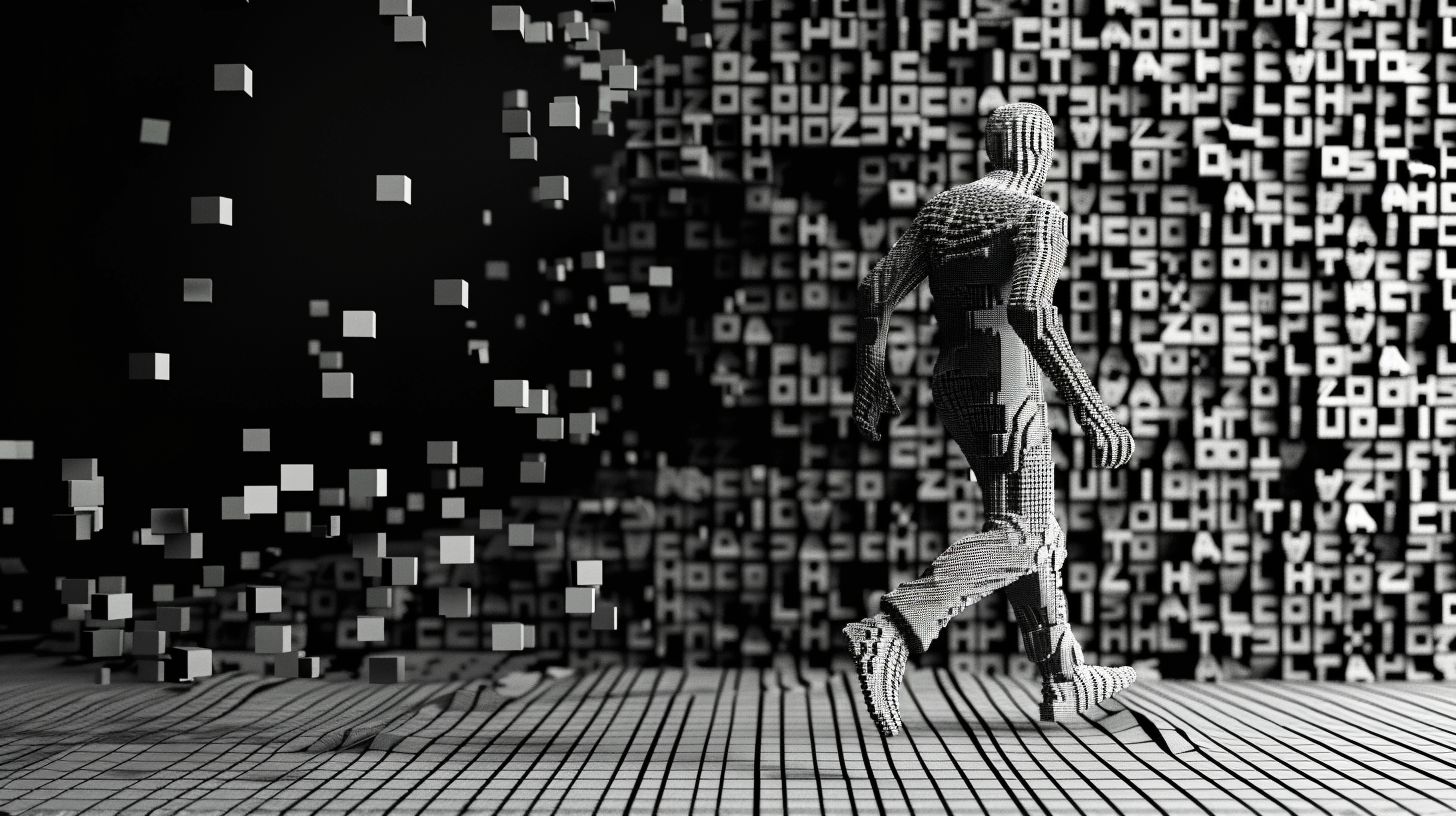 Prompt: Monochrome 3D ASCII man escaping the flat, text-based world into a colorful, high-resolution reality --ar 16:9 --sref https://s.mj.run/f68r0l2vKLs --stylize 250