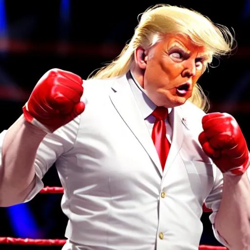 Prompt: Donald Trump as a WWE wrestler in the spotlight